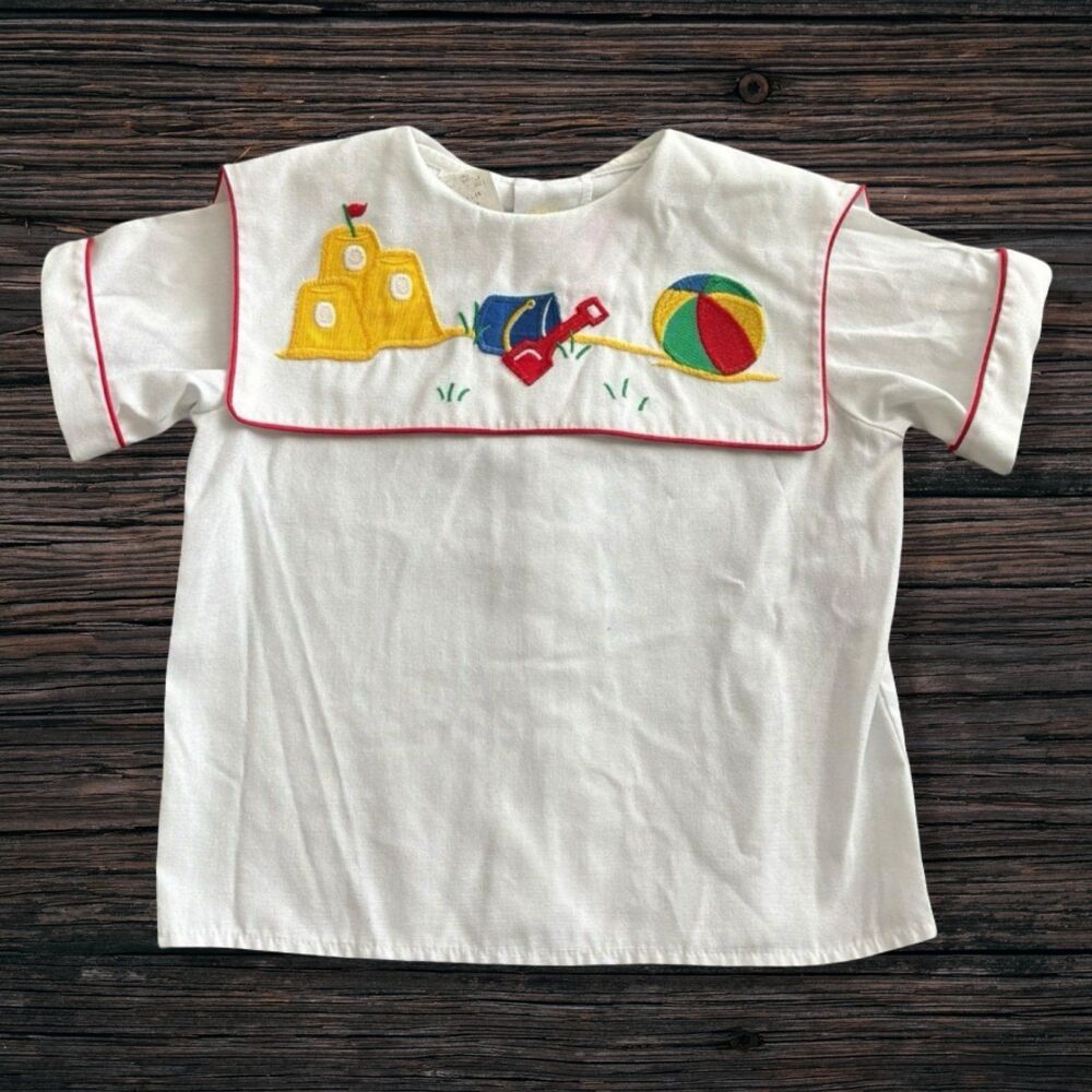 Vintage 80s Ashton Connor Boys 2T Sandcastle Beach Applique Sailor Shirt USA